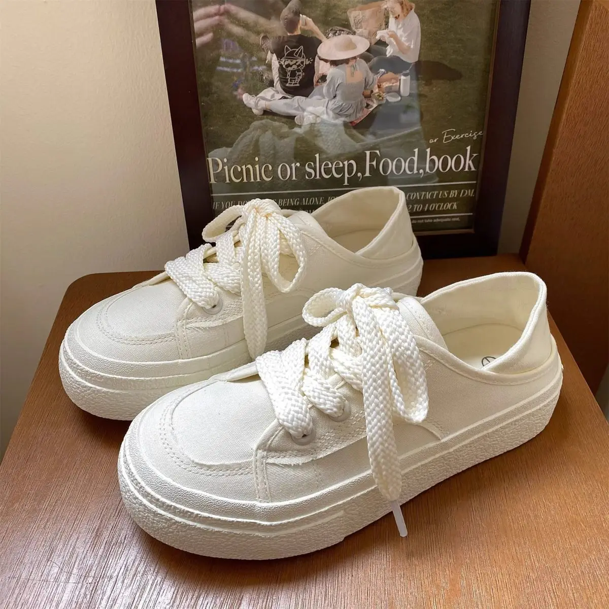 

​2025 Spring Autumn Korean Youth White Canvas Women's Sneakers Round Toe Thick Soles Casual Comfort Shoes for Students​