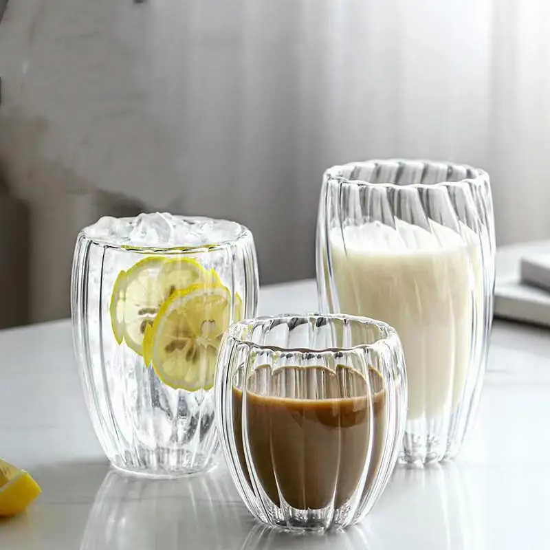 Stripe Mug Double Wall Glass Glasses High Borosilicate Water Cup Breakfast Oatmeal Milk Coffee Water Cup Drinkware Glass Mug