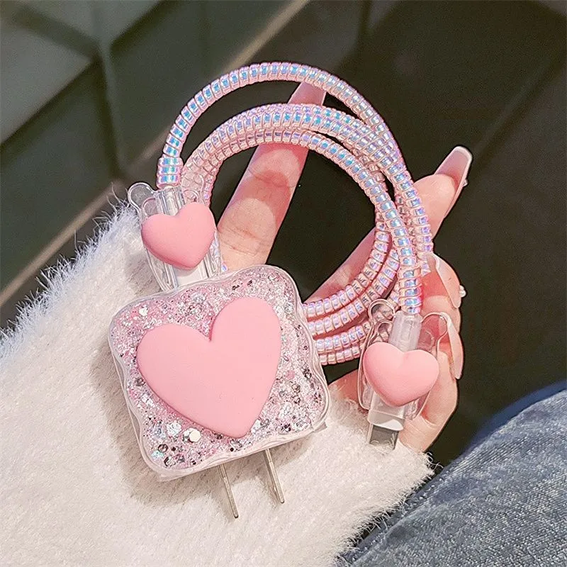 High Quality Pink Heart Charger Case for iPhone 11 12 13 14 15 16 18W 20W Charge Protection Cover Charger Sleeve Accessories