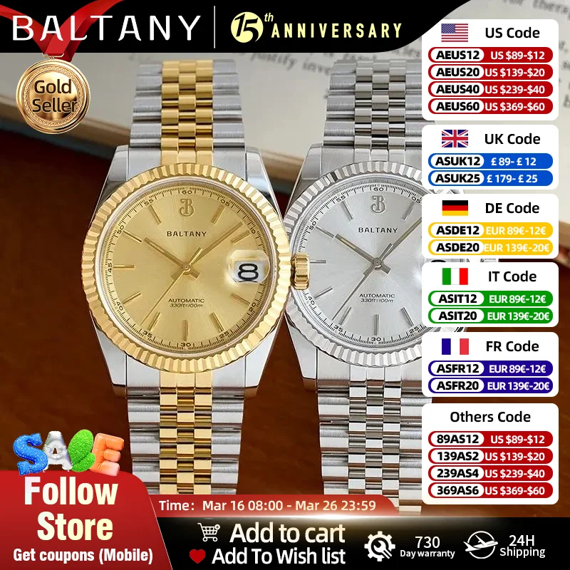 Baltany 36mm Gold Watch Men S4084  Waterproof 10ATM Jubilee Bracelet NH35 Automatic Mechanical Luxury Dress Watches For Men