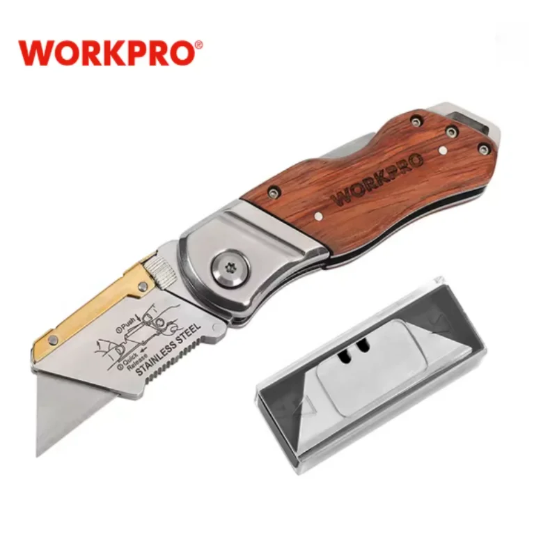 WORKPRO Heavy Duty Folding Knife Pipe Cutter Pocket Knife Wood Handle Knife with 10PCS Blades