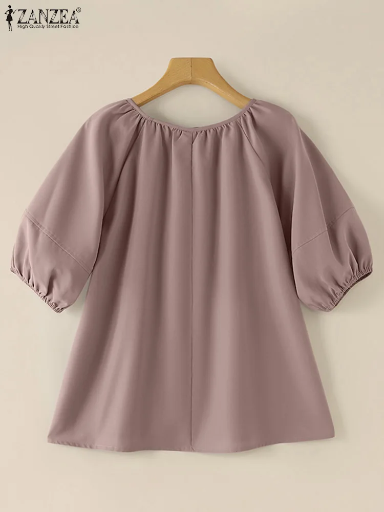 ZANZEA-Camiseta de trabajo elegante para mujer, Tops plisados lisos, Túnica a la moda con cuello redondo, Blusa de media manga, Blusas informales holgadas para vacaciones