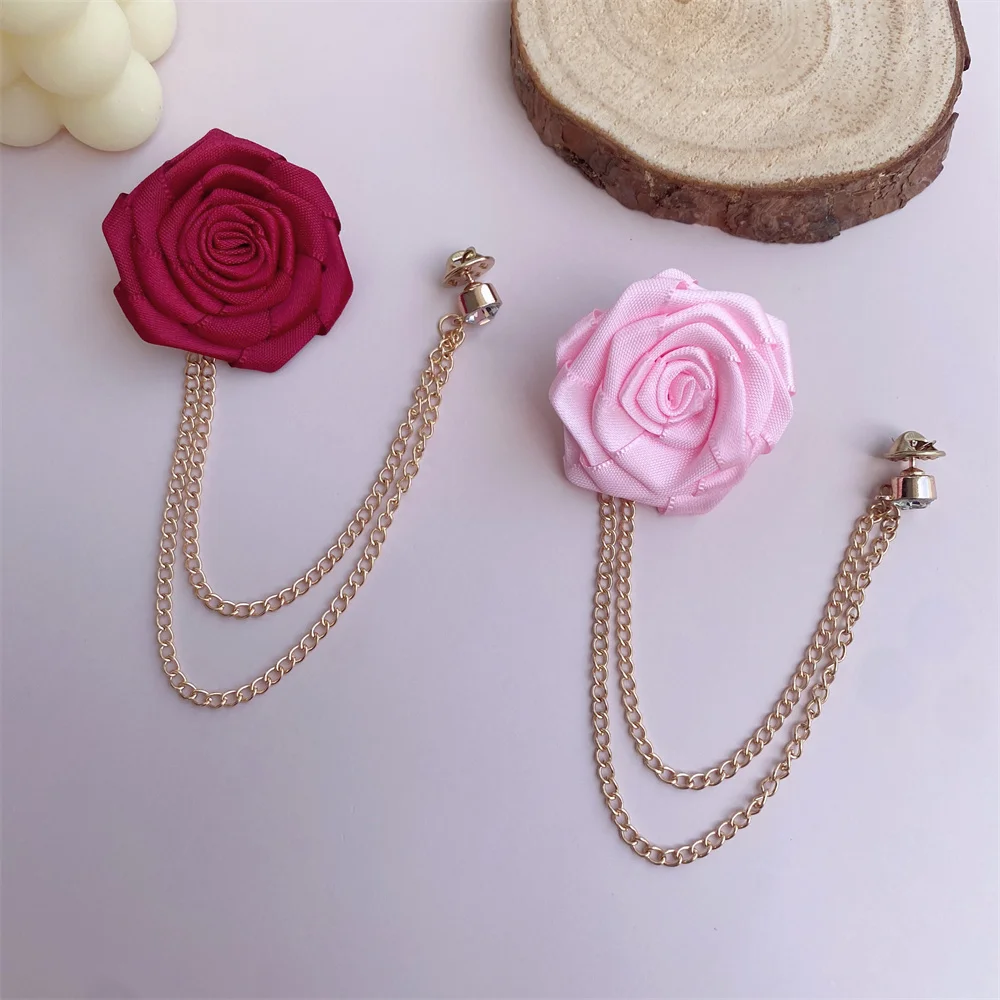 الرجال الزفاف دبابيس القماش الفن اليدوية زهرة الورد بروش التلبيب شارة بدبوس شرابة سلسلة الرجال دعوى اكسسوارات العريس العروة