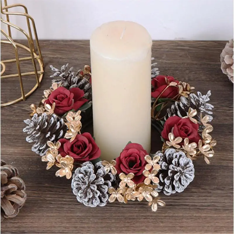 Christmas Candle Wreath Pine Cones Candle Wreath Artificial Candle Ring Rustic Pillar Snowy Table Garland Christmas Decor For