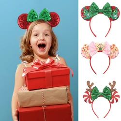 New Disney Christmas Mouse Ears Headband Santa Antler Sequins Bow Hairband For Women Featival Party DIY Hair Accessories Gift