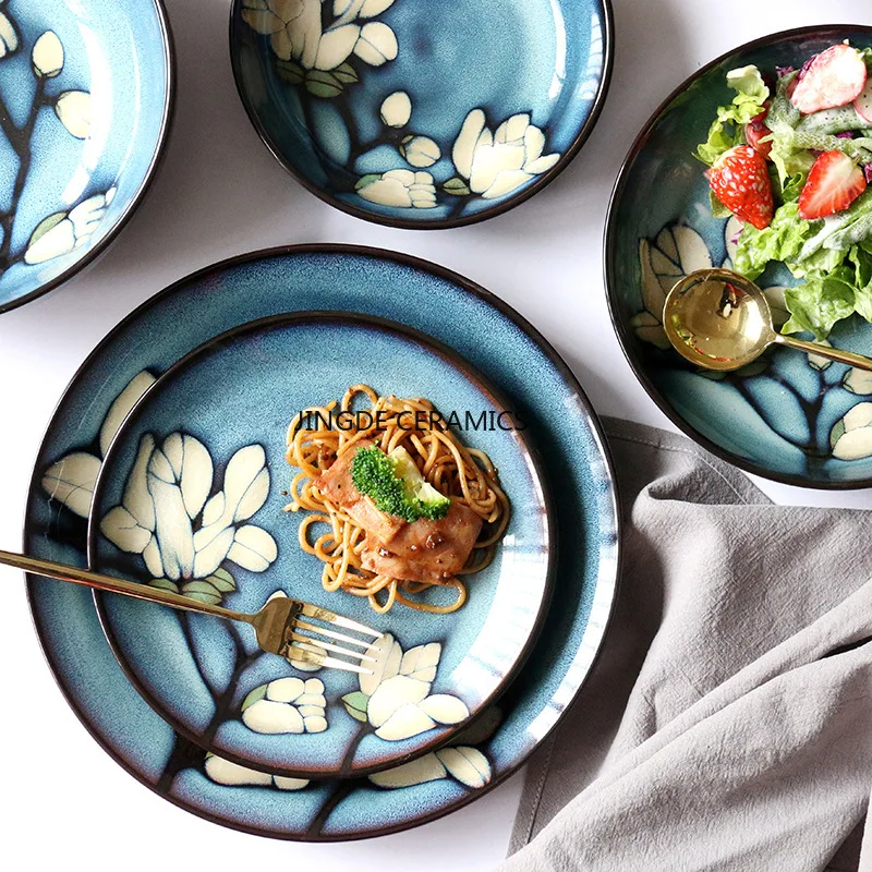1pc Hand Drawn Jade Orchid Deep Plate Big Soup Bowl Rice Noodle Bowl Jade Orchid Kitchen Utensils Square Disk/circular Disk