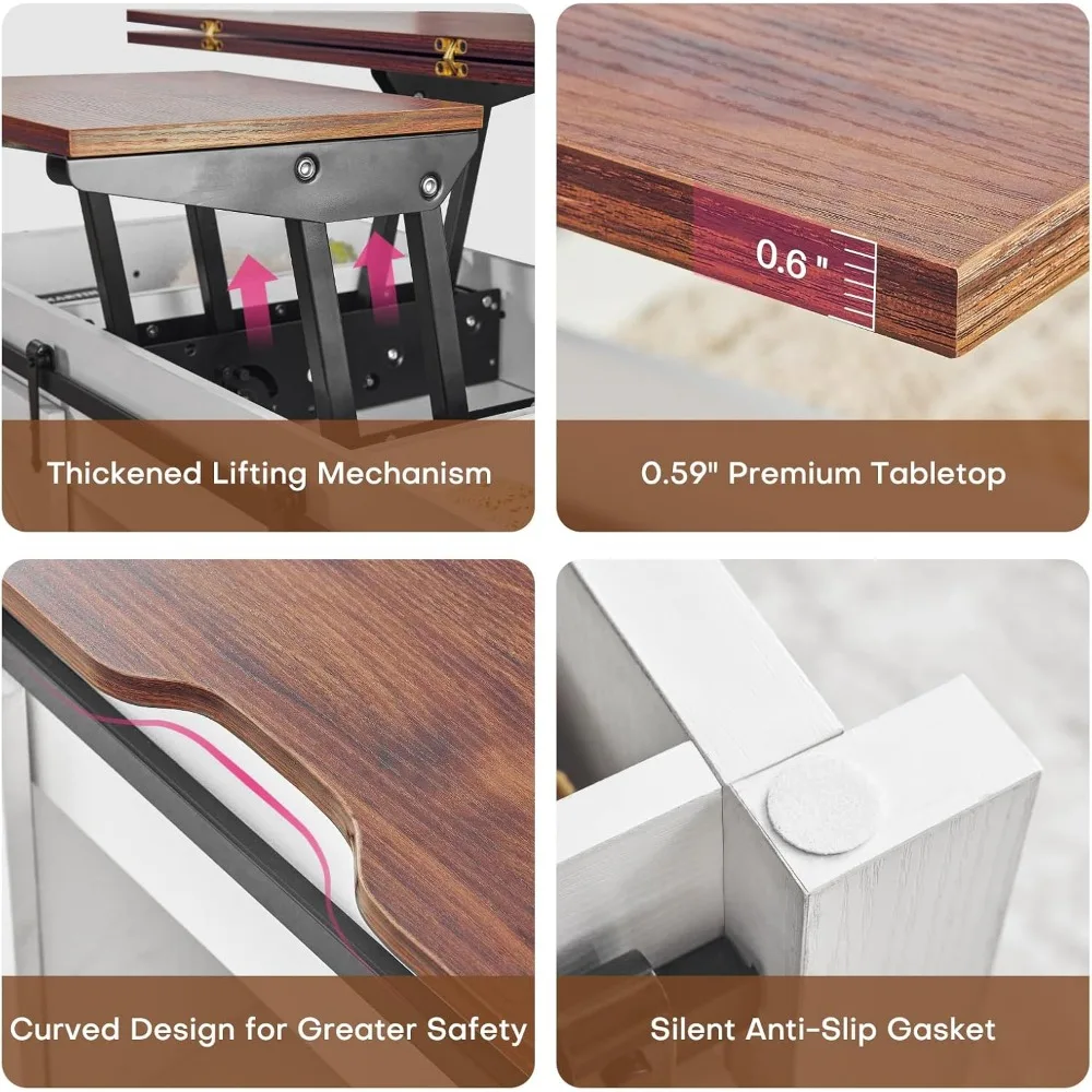 Table basse relevable Farmhouse, table basse convertible multifonction 3 en 1 avec rangement et compartiment caché, table basse