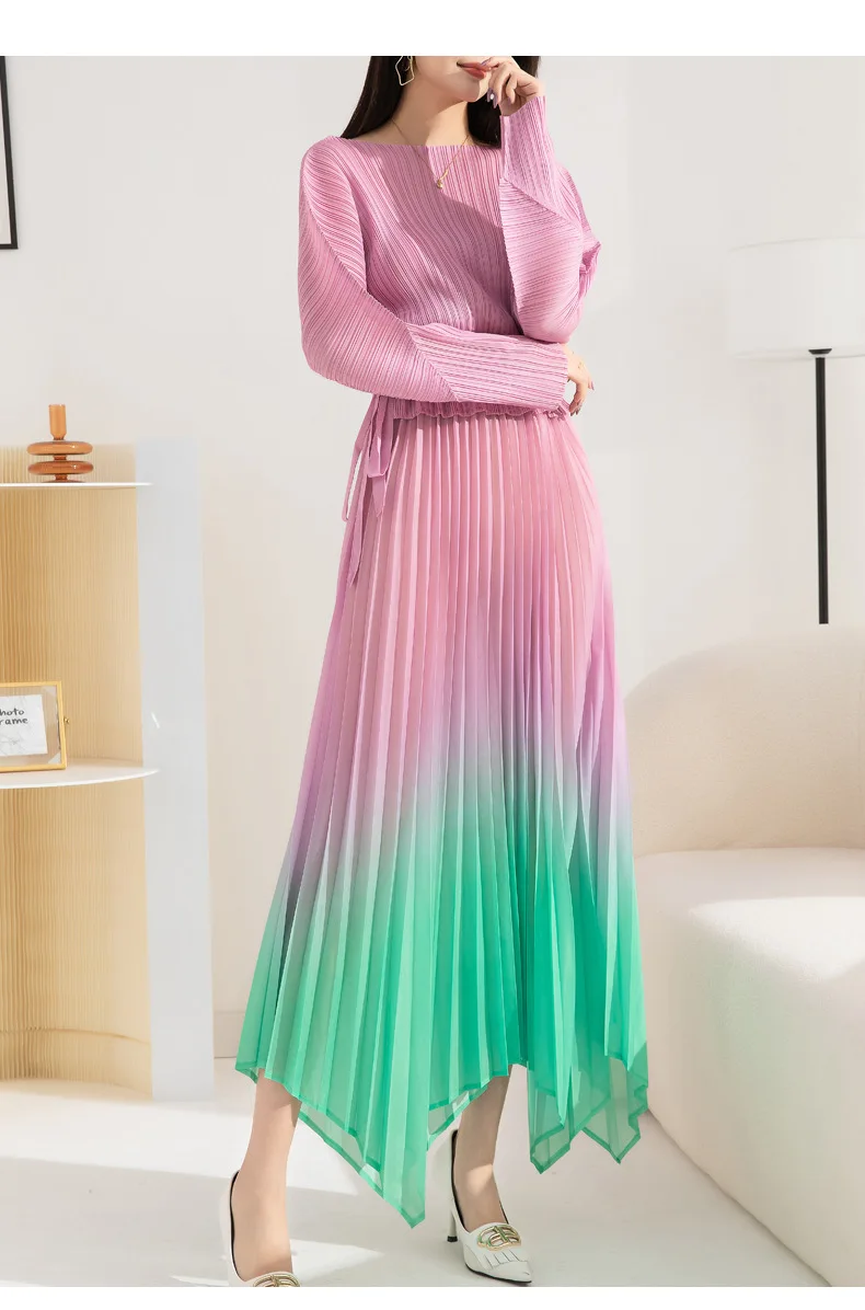 

HOT SELLING Fashion Ancient style slash neck gradient color draw belt irregular pleated dress Miyake dress IN STOCK