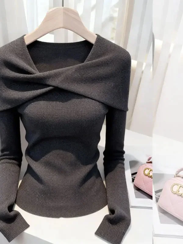 Gray Unique Soft Cozy Women's Knitted Sweater Lazy Style Top Trendy Spring Fashion Light Mature Style Slim Fit Long Sleeve