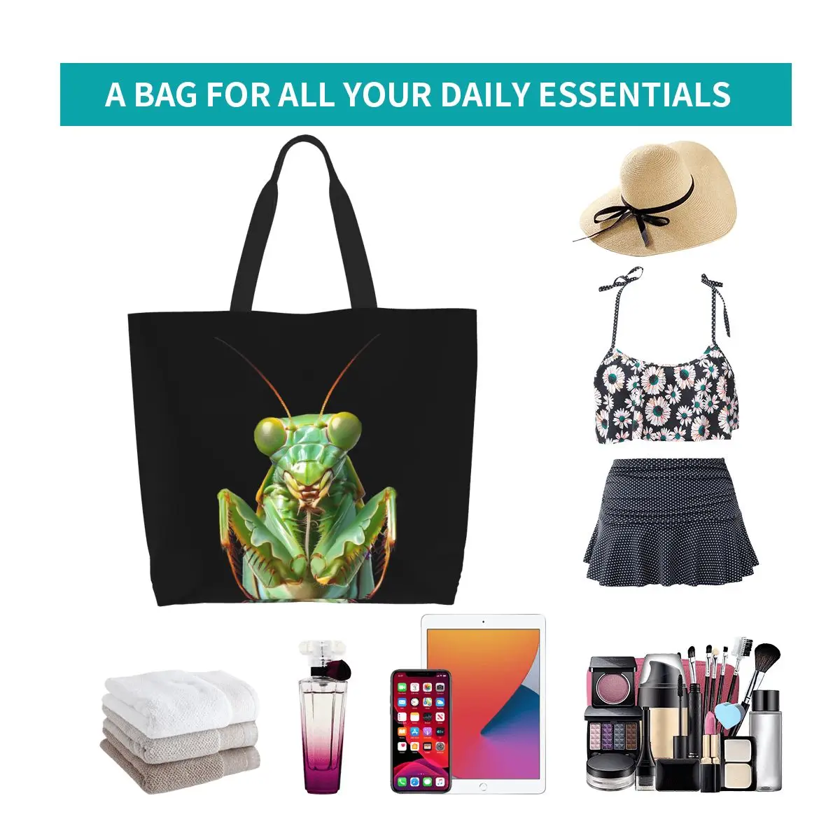 Green Praying Mantis, Eerie Insect Art Shopping Tote Bag Canvas Large Capacity Shoulder Bags Shopper Grocery Handbag for Women