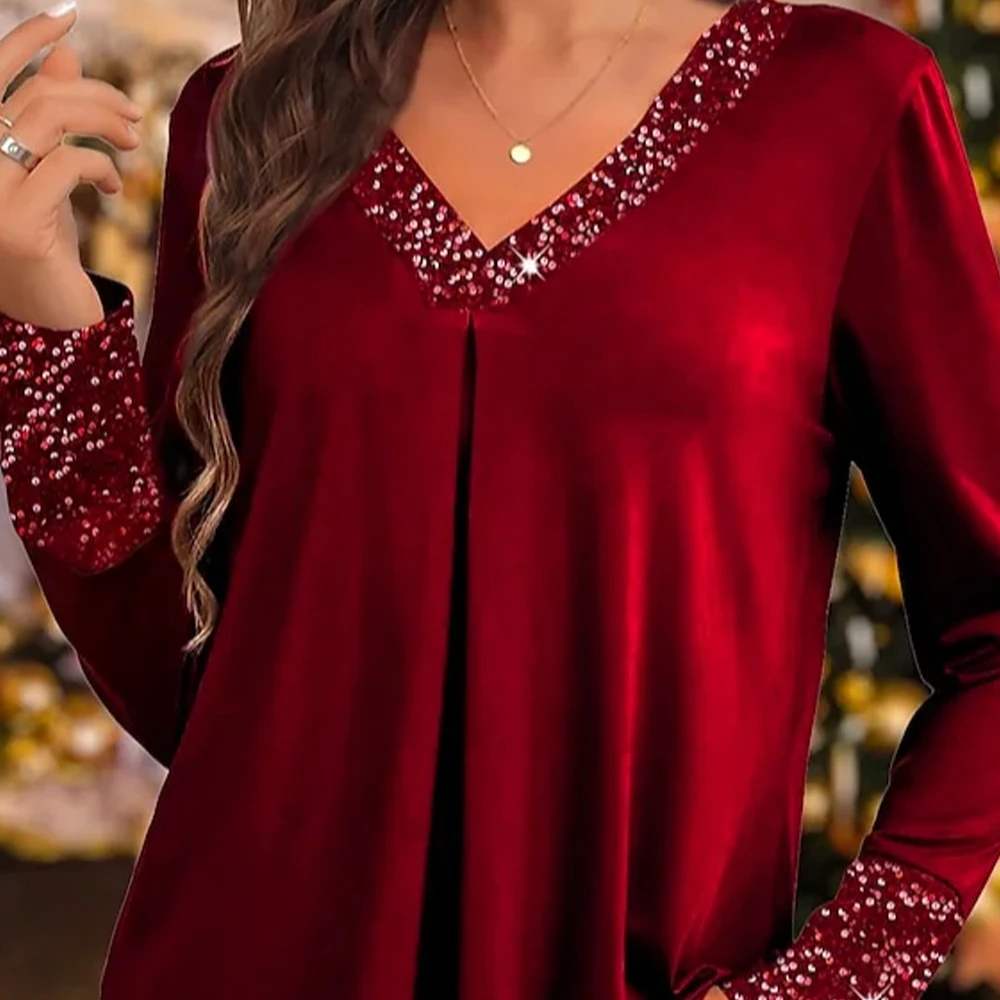 Plus Size Fall Winter Christmas Red Sparkly Sequin Patchwork Fold V Neck Long Sleeve Blouse