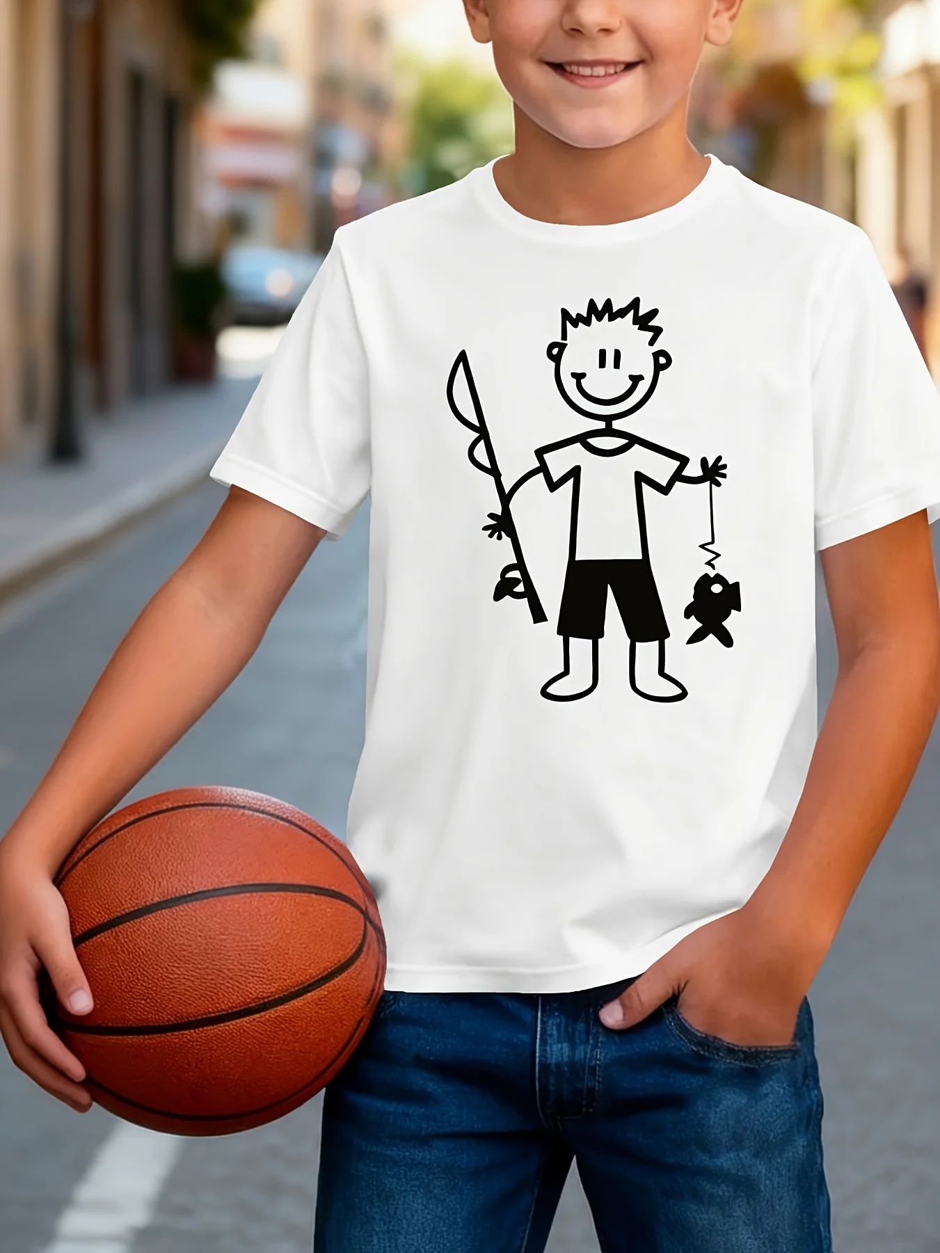 Kids   Cotton Tee Stick Figure Boy with Fishing Rod and Small Fish Print Crew Neck Short Sleeve Fishing Lover Tops