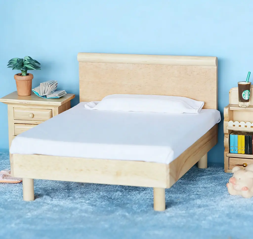 1:12 인형집 미니어처 원목 침대 - 모던 내추럴 우드 더블 침대, 침실 미니어처 가구, 인형집 침실 장식