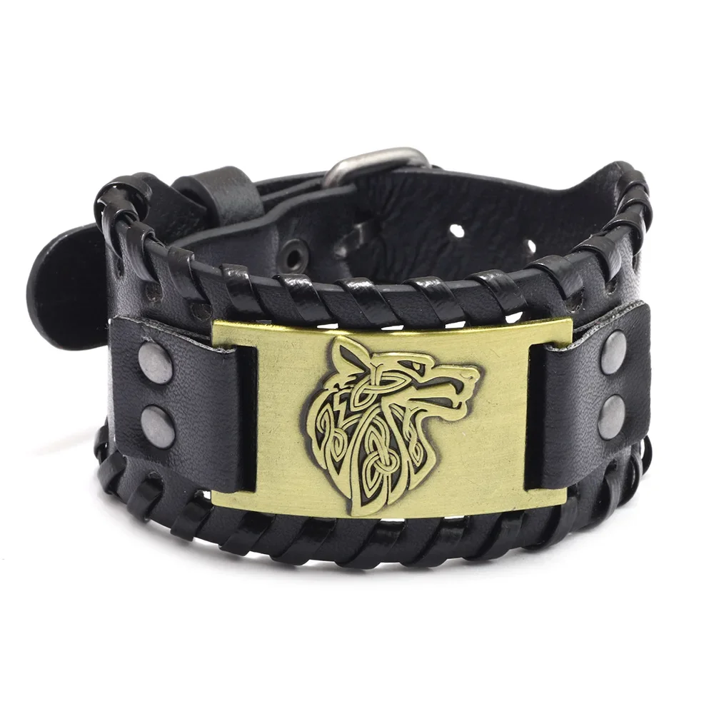Punk Männer Breite Armreif Zubehör Wolf Kopf Charm Armband Leder Weben Einstellbare Armband Freundschaft Schmuck