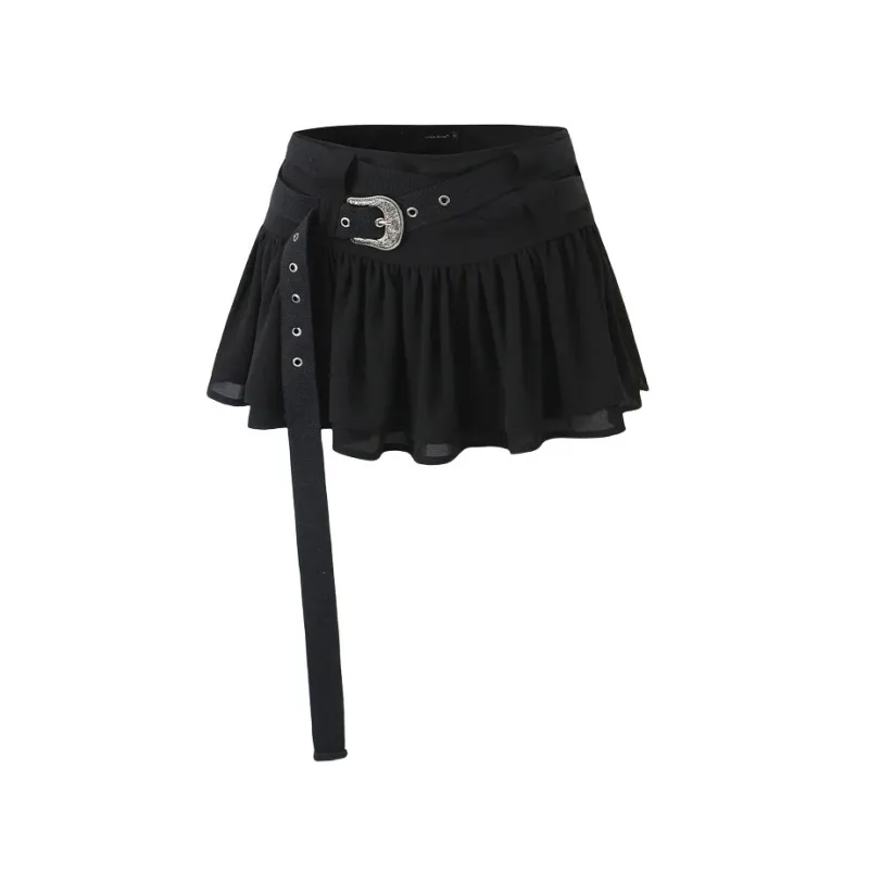 WAKUTA Spice Girls Double Belt Pleated Half Skirt Women Design Sense Splicing Pleated Anti-Walking A-line Ultra Short Skirt 2024