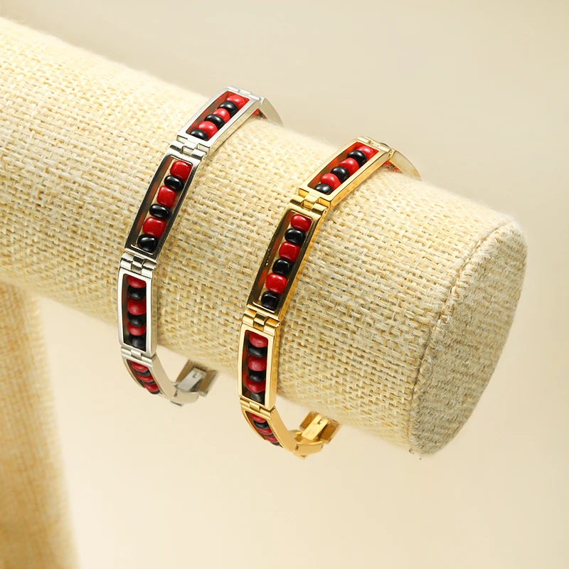 G&D 2023 New Exquisite Fashion Retro Arrival Stainless Steel Black And Red Color Bracelet Mix Beads Unisex Bangle For Women
