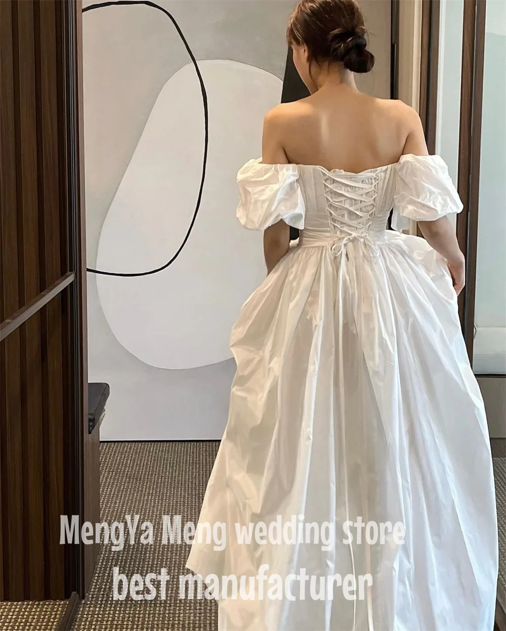 ZHUISHU A Line Korea Wedding Dress Sweetheart Customized Taffeta Pleats Corset Back Bridal Gown Short Lantern Sleeve Bride Dress