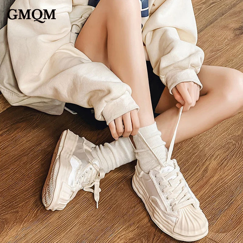 GMQM Brand Fashion Women‘s Genuine Leather Sneakers Round Toe Flats Sport Vulcanized Shoes Skateboard Shoes Walking Sneakers