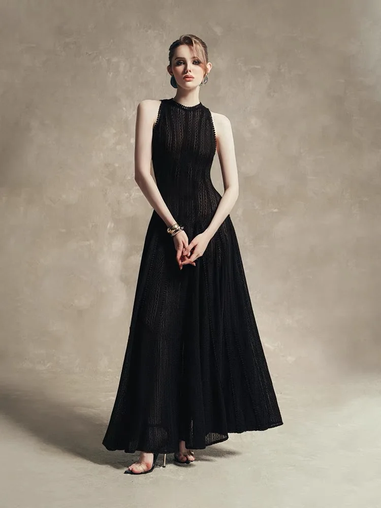 

Luxury Lace Big Swing Dresses Spring Women O-neck Sleeveless Long Dress Elegant Summer Solid High Waist Zipper Knee Length Dress