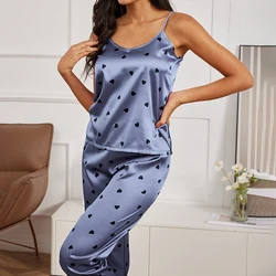 Ladies Heart Print Pajama Set Sexy V Neck Cami Top & Elastic Waistband Pants Pyjama 2 Pieces Women's Sleepwear & Loungewear Pjs