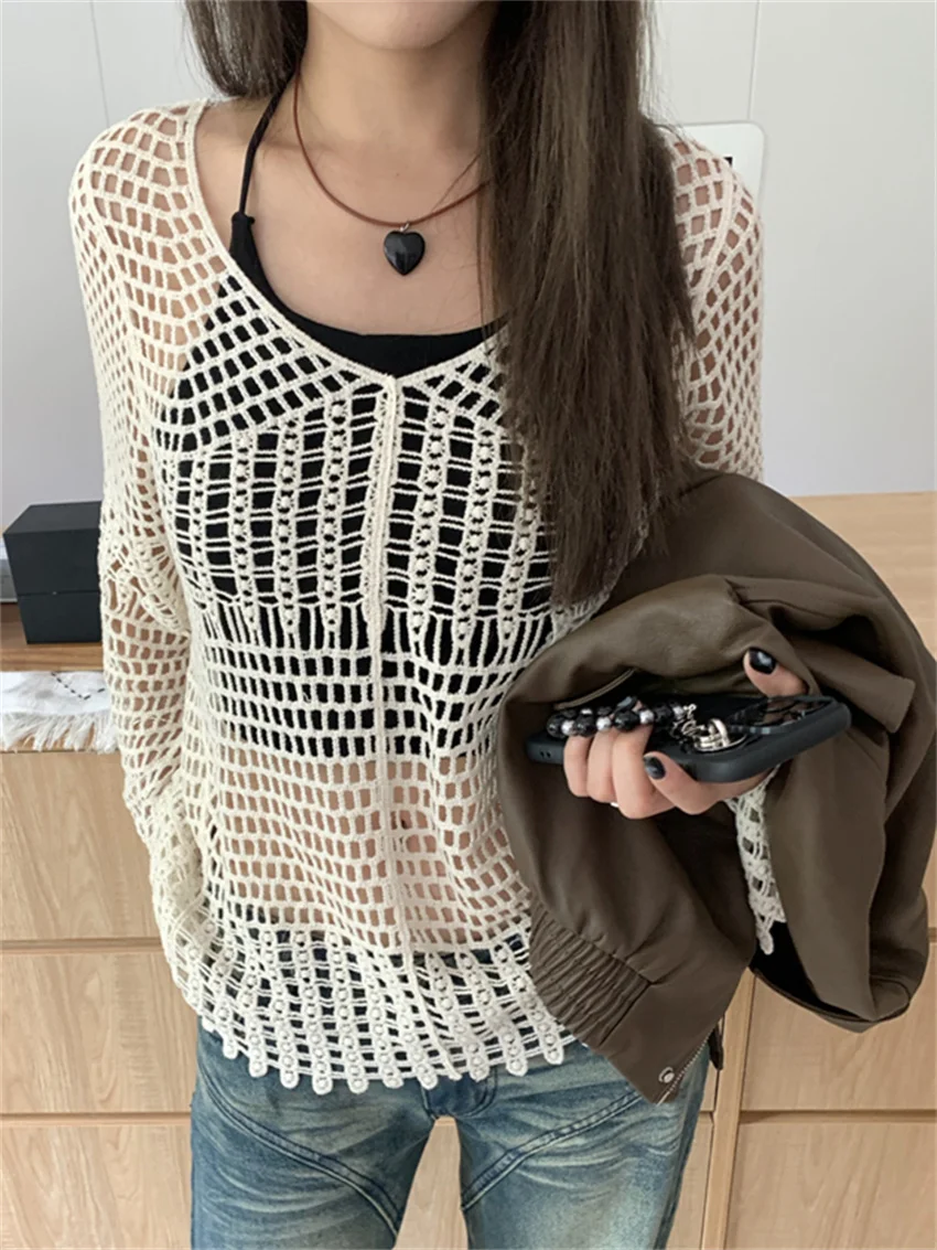 

Alien Kitty Apricot Hollow Out Sweaters T-Shirts Women Ruffles Knitted Loose 2023 Holiday Ruffles Gentle Casual Office Lady