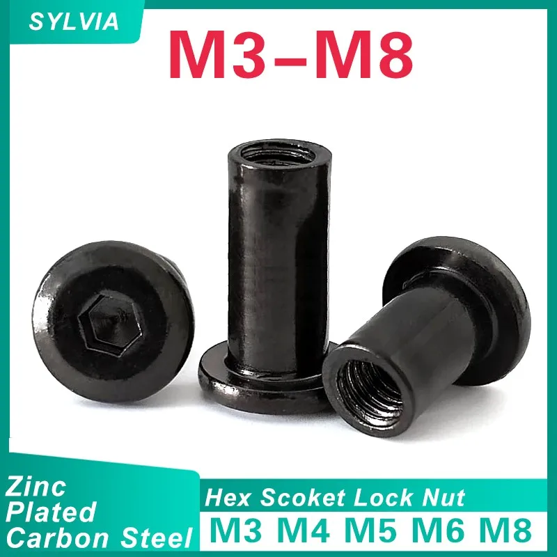 

50/ 20/ 10PCS M3 M4 M5 M6 M8 Black Carbon Steel Large Flat Hex Hexagon Socket Head Rivet Connector Insert Joint Sleeve Cap Nut