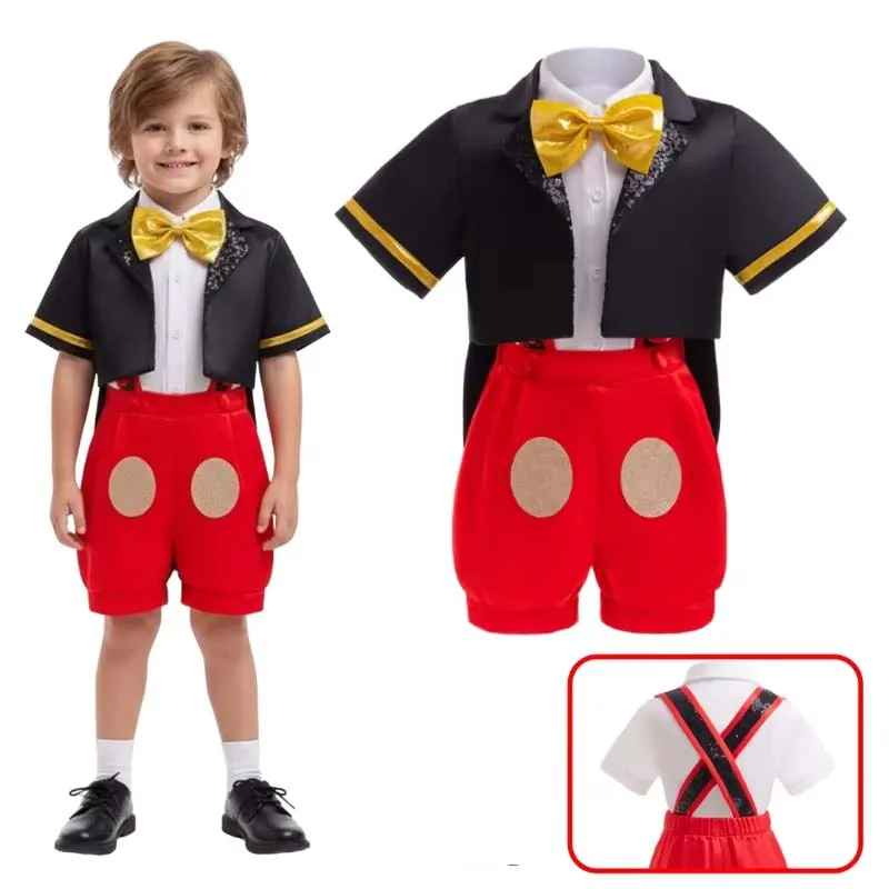 Pantalones con tirantes de ratón rojo y negro, disfraz de Cosplay para niño, chaqueta de manga corta para Halloween, traje de fiesta, 3 uds.