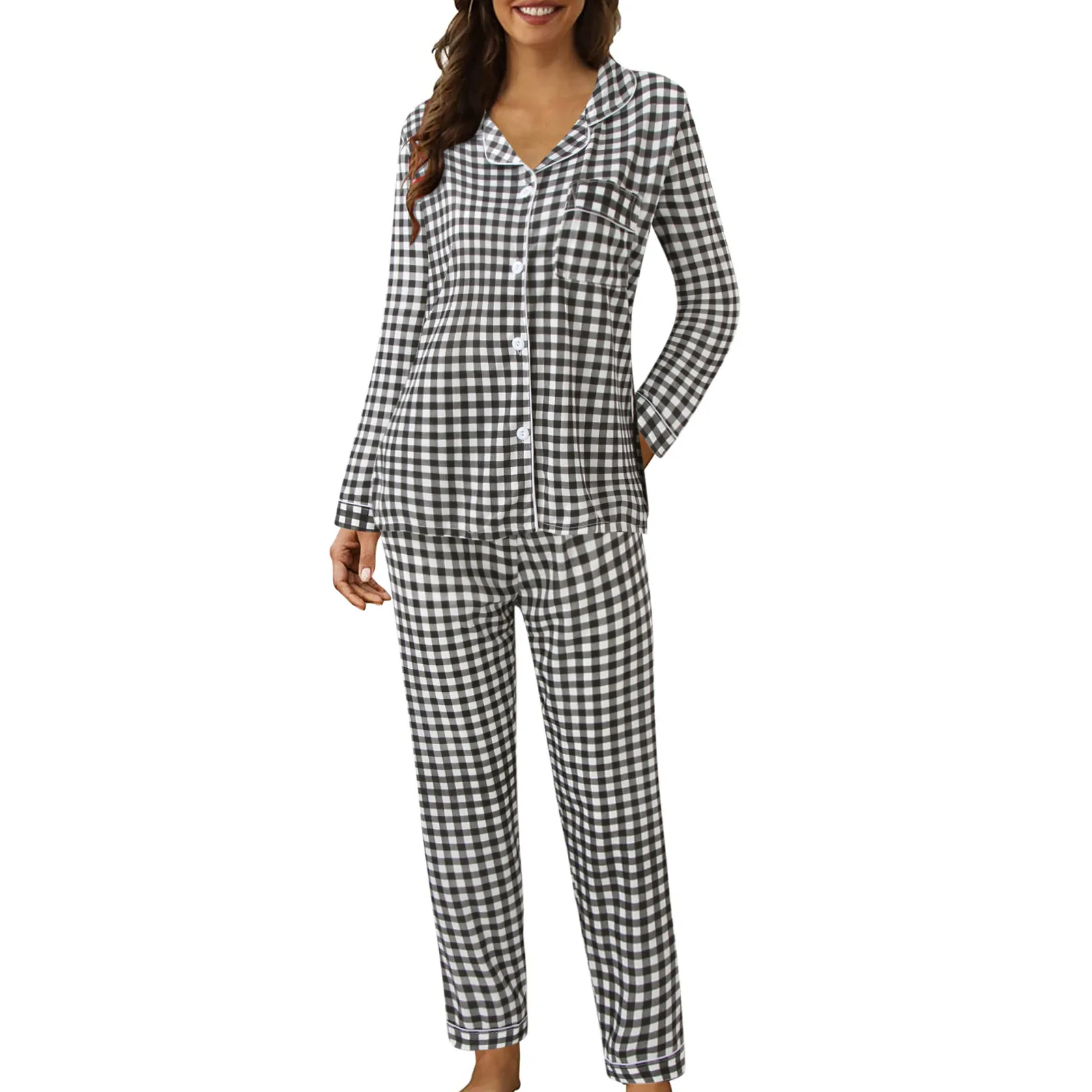 Women Casual Lapel Button Plaid Print Two Long Sleeve Pajamas Pajamas Suit Flannel Lined Satin Pajamas for Women s Set