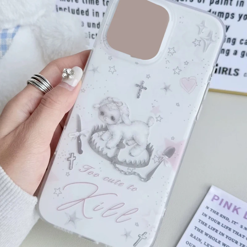Y2k Korean INS Creative Cute Pink Lamb Cartoon Phone Case For iPhone 17 16 15 14 13 12 11 Pro Max Plus Girl Heart Kawaii Cover - view 3