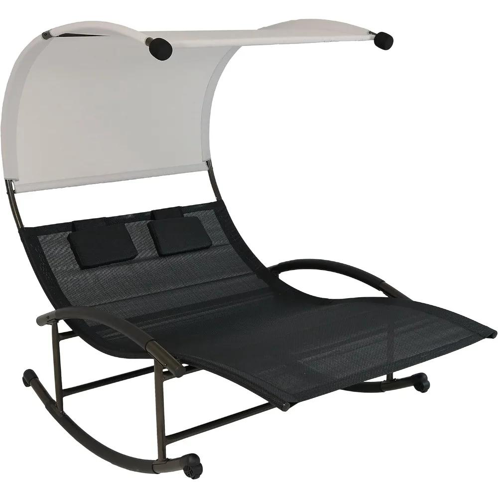 

Outdoor Double Chaise Rocking Lounge Chair with Canopy and Headrest Pillows - Black and White with Powder-Coated Frame|