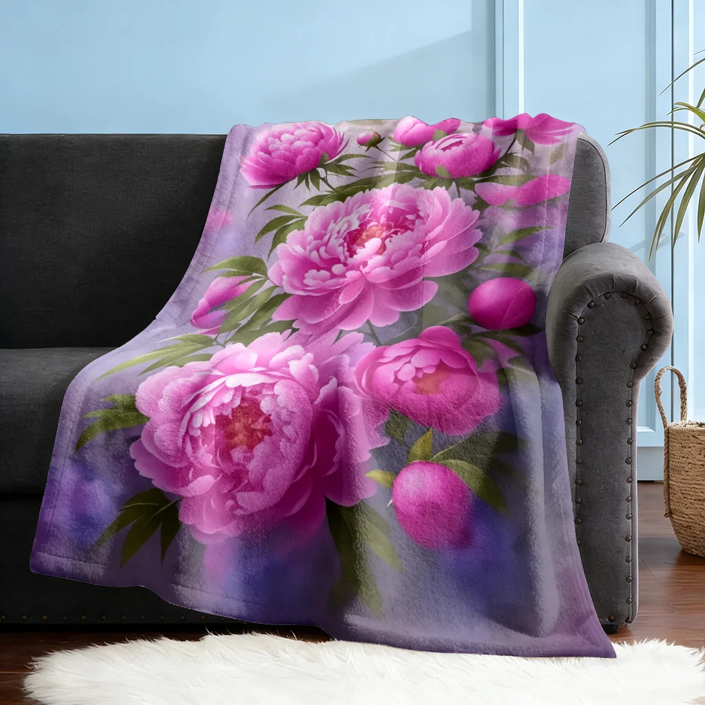 Gradient Purple Background Vivid Pink Peony Flower Green Leaf Painting Print Warm Blanket For Bedroom Sofa Camping Home Leisure