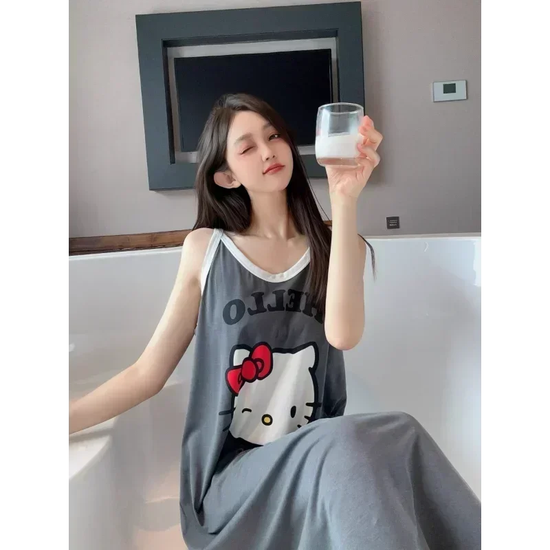 Sanrio Hello Kitty Abito sexy Gonna con bretelle in cotone estivo Sottile cartone animato Abbigliamento da donna traspirante Pigiama di seta per la casa Donna