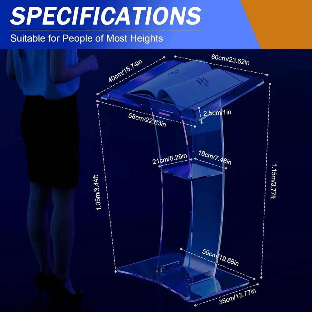 Schräges Podium, Rednerpult, Konferenz-Kanzel, Acryl-Podium, klares, transparentes Kirchen-Rednerpult, Kanzel, Büro, Standfuß, bodenstehend