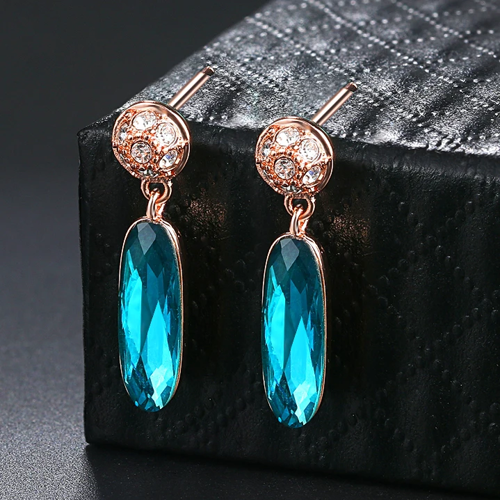 Retro Drop Earrings For Women Classic Design Long Oval Blue Crystal Rose Gold Color Birthday Gift Wholesale Fashion Jewelry E748