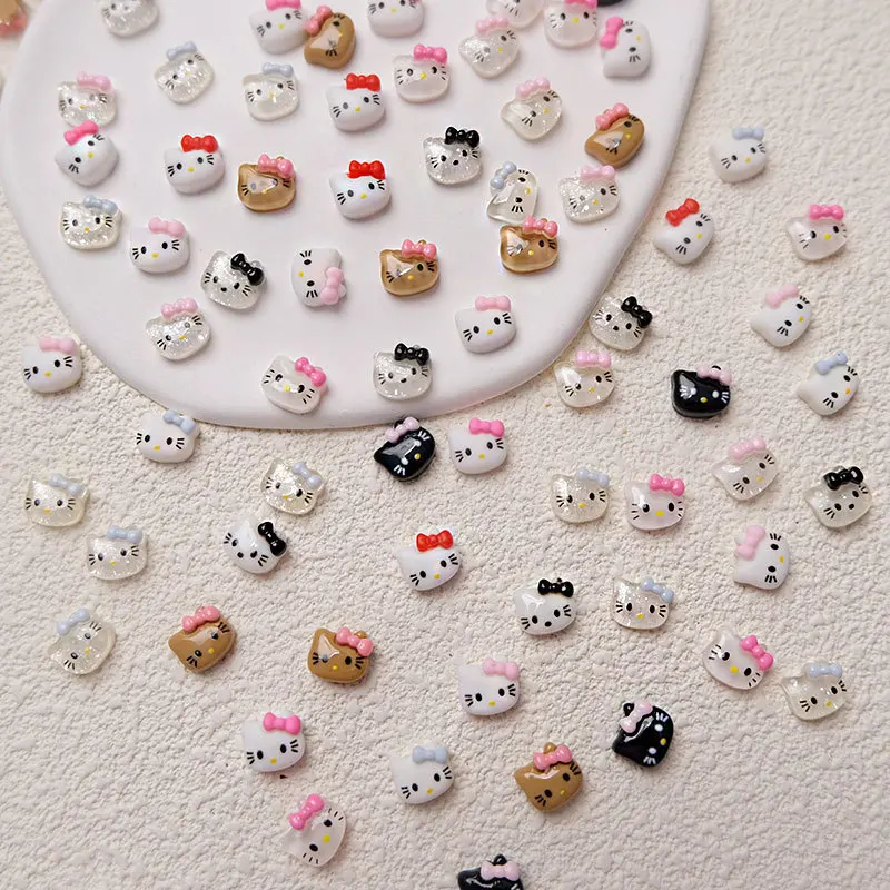 

50 шт. смешанный мультфильм «Hello Kitty», мини-кошачья голова, подвески для ногтей, каваи, смола, котенок, бант, дизайн ногтей, стразы, украшение для маникюра