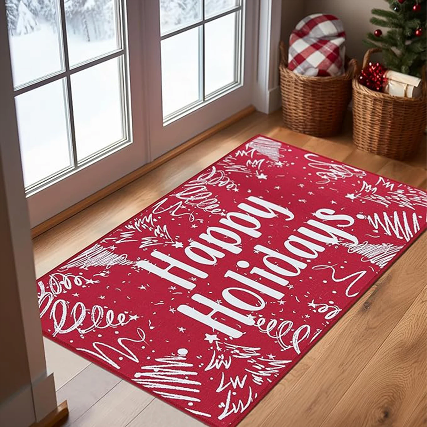 

45*75 60*90 60*120cm Red and Green Christmas-Themed Carpets Anti-Slip and Machine-Washable Rugs for Living Room Bedroom Decor