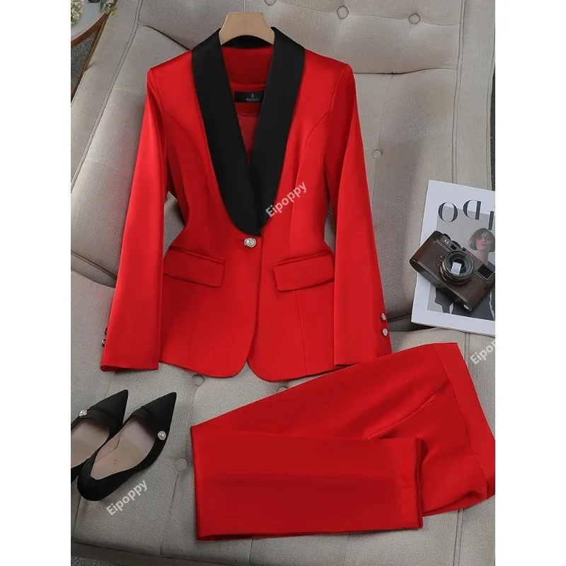 2024 New Office Ladies Pant Suit donna giallo rosso viola albicocca abbigliamento da lavoro femminile Blazer e pantaloni formale Set da 2 pezzi