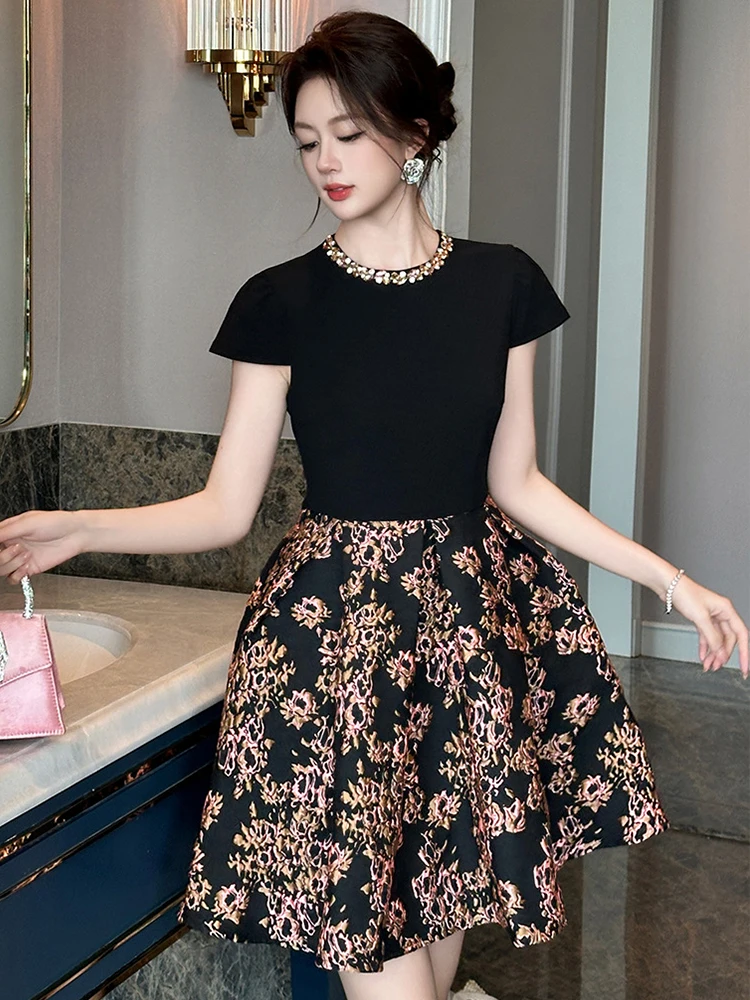 เสื้อผ้าผู้หญิงสีดำแจ็คการ์ด O-คอสลิมเอ-ไลน์มินิชุดสั้นหรูหราแฟชั่นปาร์ตี้พรหมชุดเดรสโอกาสที่เป็นทางการใหม่