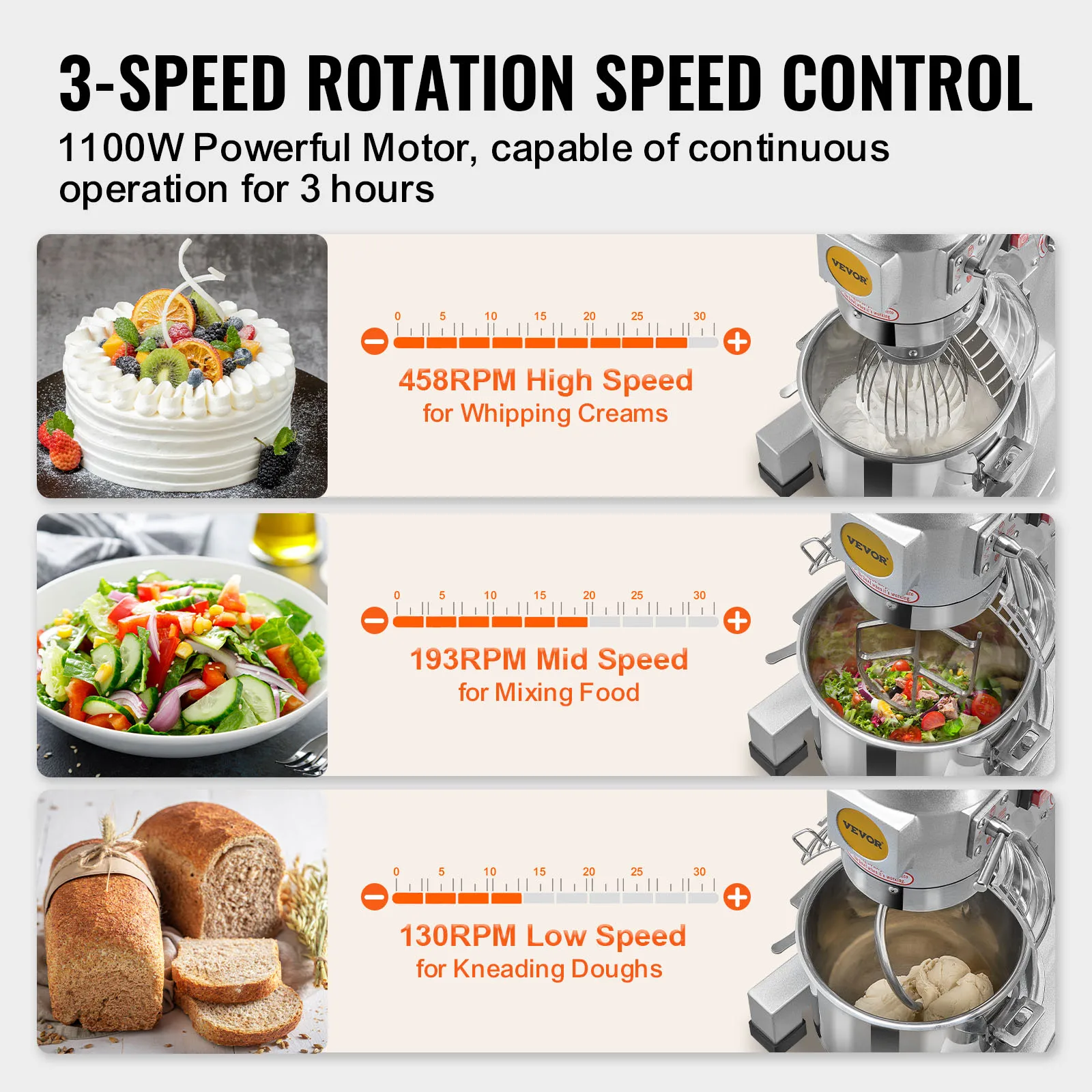 Misturador de alimentos comercial VEVOR, misturador de suporte comercial de 28,5L com 3 velocidades ajustáveis, misturador de massa de 1100W com tigela de aço inoxidável