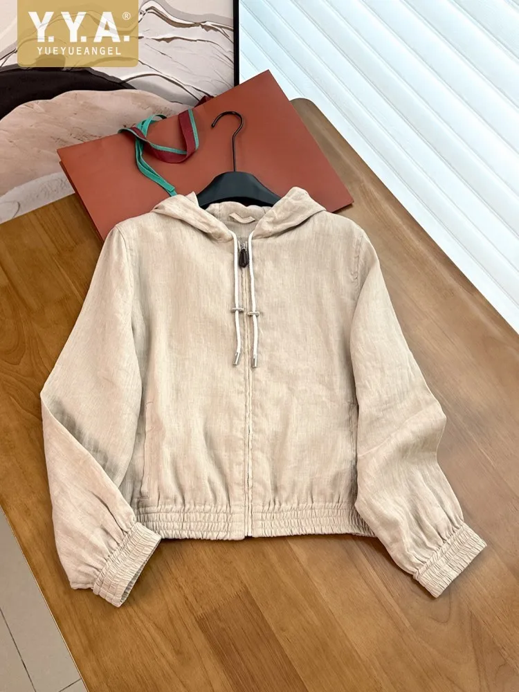 Women Summer Breathable Thin Linen Casual Jacket Hooded Zipper Loose Fit Short Coat Long Sleeve New High Street Ladies Outerwear