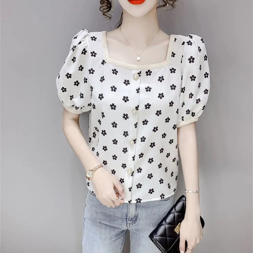 4XL Women Spring Summer Blouses Shirts Lady Fashion Casual Half Sleeve Turn-down Collar Flower Printing Blusas Tops G2751