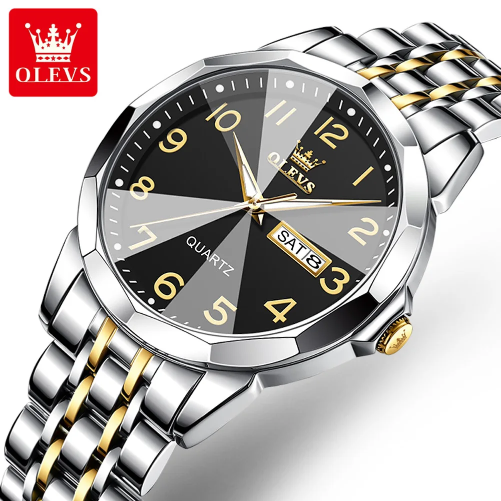 OLEVS Fashion Quartz Watch for Men Minimalist Digital Dial Solid Stainless Steel Strap Rhombus MIrror Men's Business Watch New