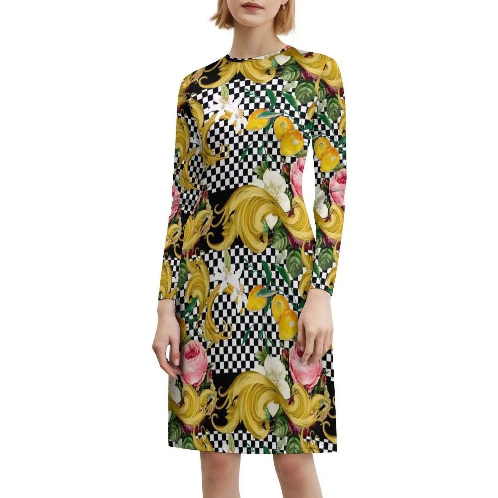 الشطرنج الباروك بلاط صقلية البحر الأبيض المتوسط فسيفساء المرأة الهيب هوب الشارع الشهير فستان الرسم طباعة ملابس نادي الحفلات صقلية #6