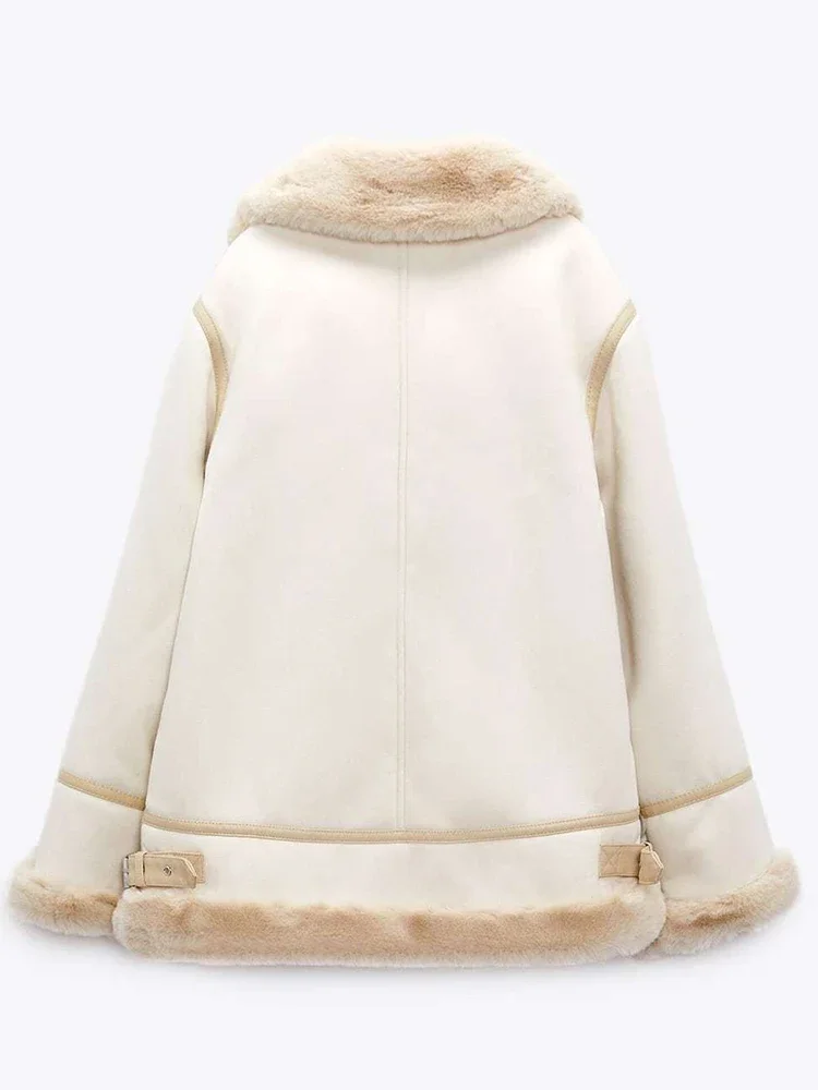 Winter Fur Coat Women Thick Faux Leather Sheepskin Coat Female Shearling Bomber Sheepskin Leather Jacket