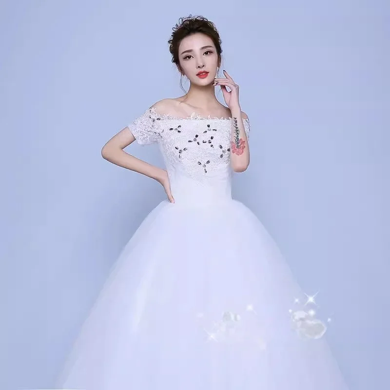 Cheap Wedding Dress White Tulle Embroidery Off the Shoulder Lace up Princess Floor-length Plus size Bling Bride Ball Gown XN089