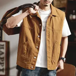 Autumn Vintage Pockets High Street Men Jackets Loose Outdoor Casual Lapel All-match Yellow Sleeveless Single-breasted Coat Vests