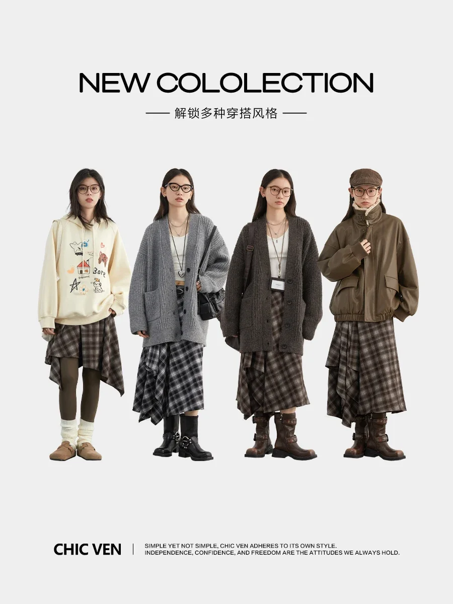 CHIC VEN Women Skirts Retro Loose High Waist A-Line Irregular Plaid Frosted Half Skirt Body Female Clothing Spring Autumn 2025