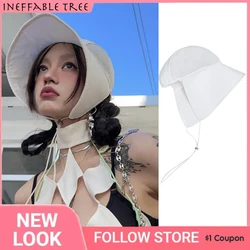 Y2K Korea Summer Bucket Hats for Men Women Windproof Rope Outdoor UV Protection Wide Brim Hiking Fishing Mesh Caps 빈티지 벙거지 모자