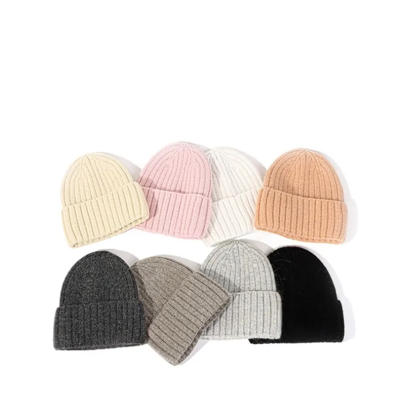 New Unisex Angora Rabbit Fur WarmThick Soft Knitted Winter Hat For Women Solid Striped Beanies Cap Female Outdoor Gift Bonnets