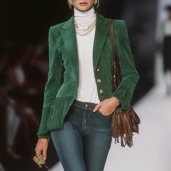 

2026 Spring Summer New Retro Solid Color Fringe Small Suit Long Sleeve Women Top Slim Fit Commuting Elegant Coat